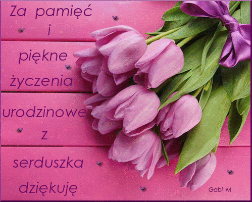 Brokatowa kartka z fioletowymi tulipanami dziękuję za życzenia